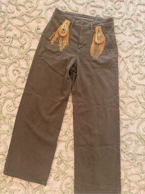 American Eagle Outfitters Brown Wide-Leg Chinos with Fringe Patch Details